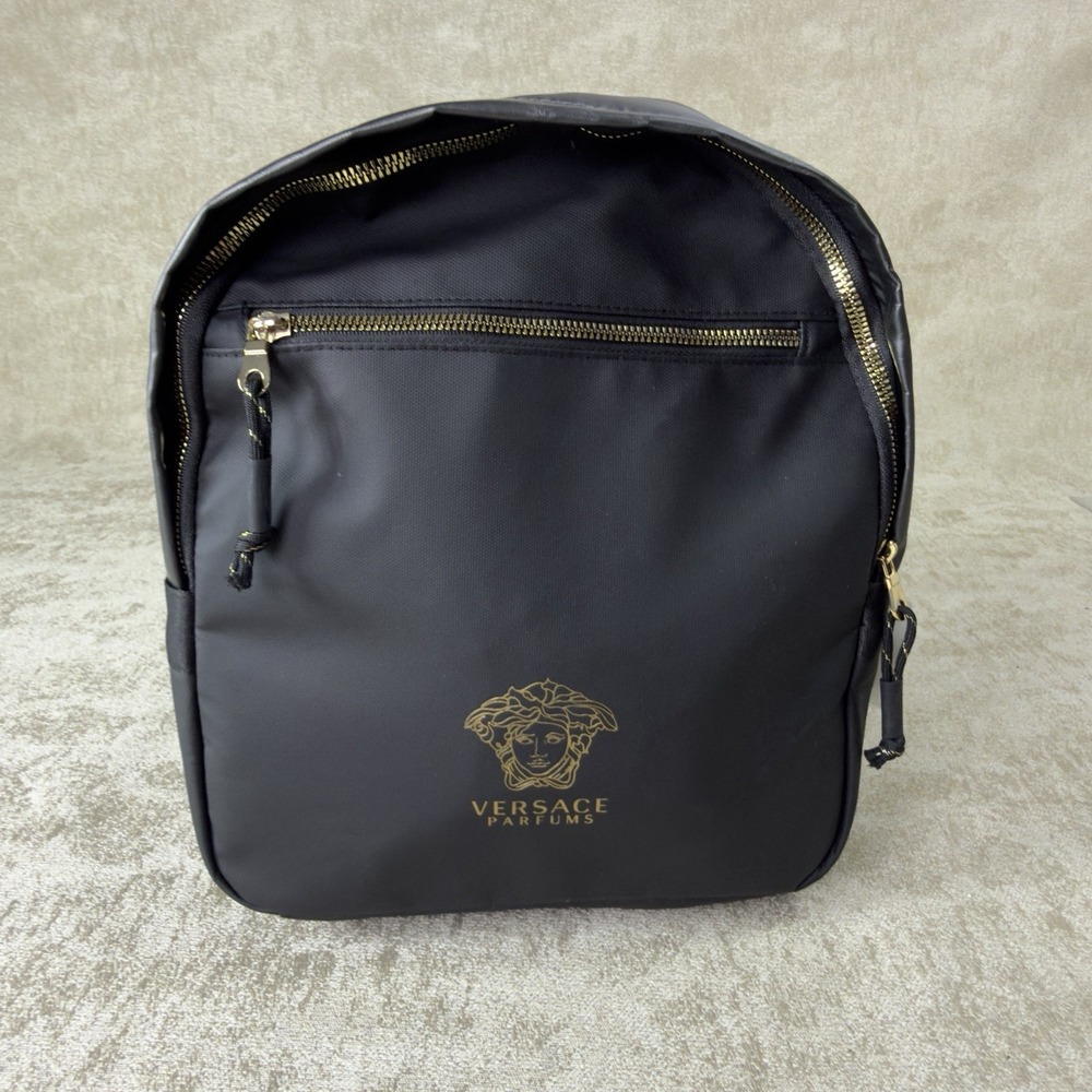 Versace Black Backpack Zip Closure Greek Key Straps Designer Casual Men